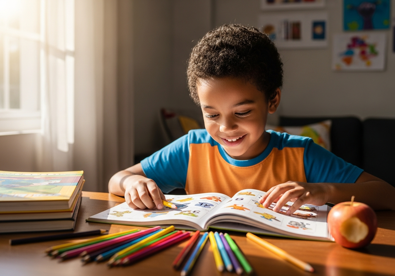 Criança estudando com cadernos