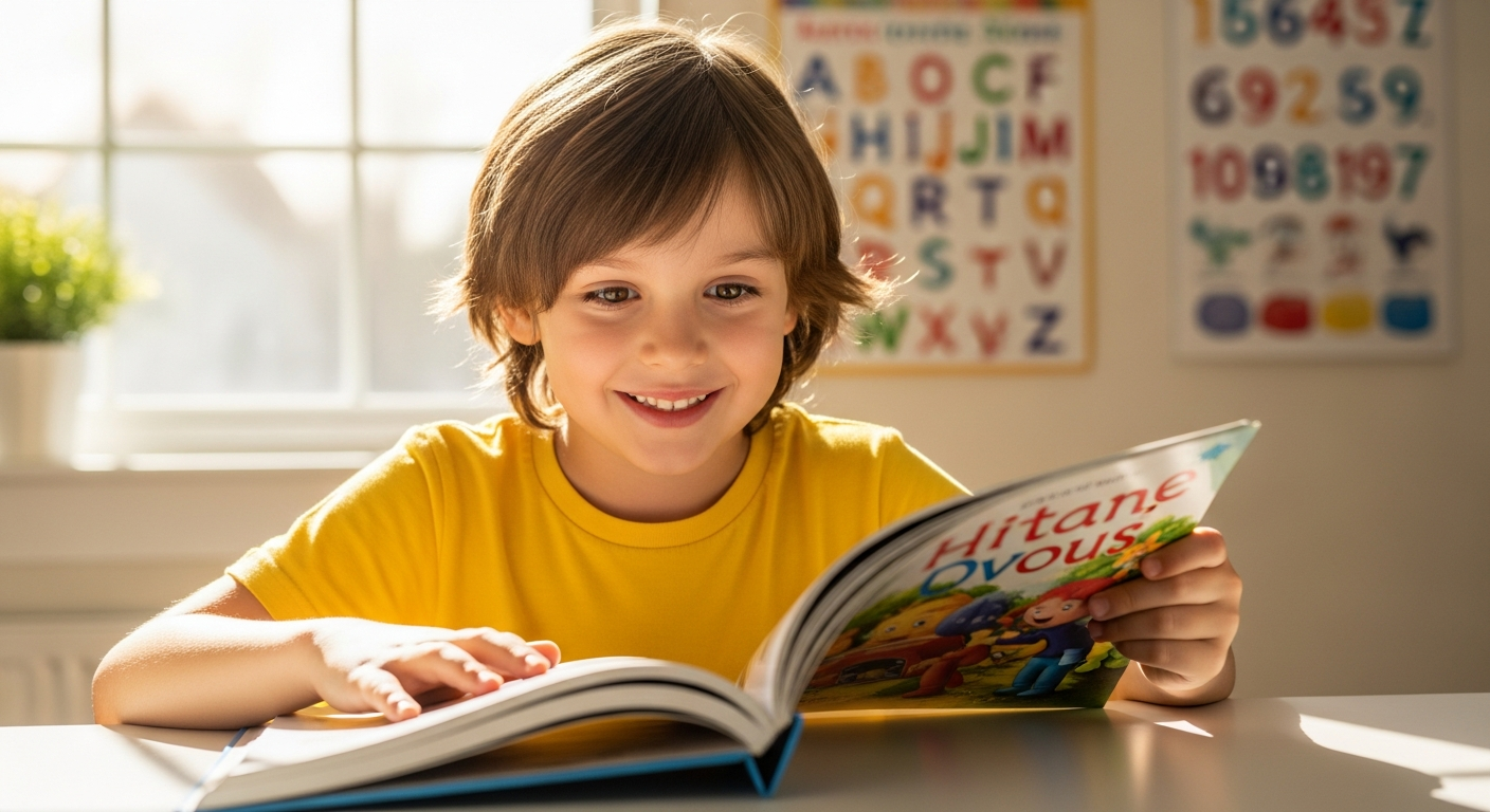 Criança estudando feliz