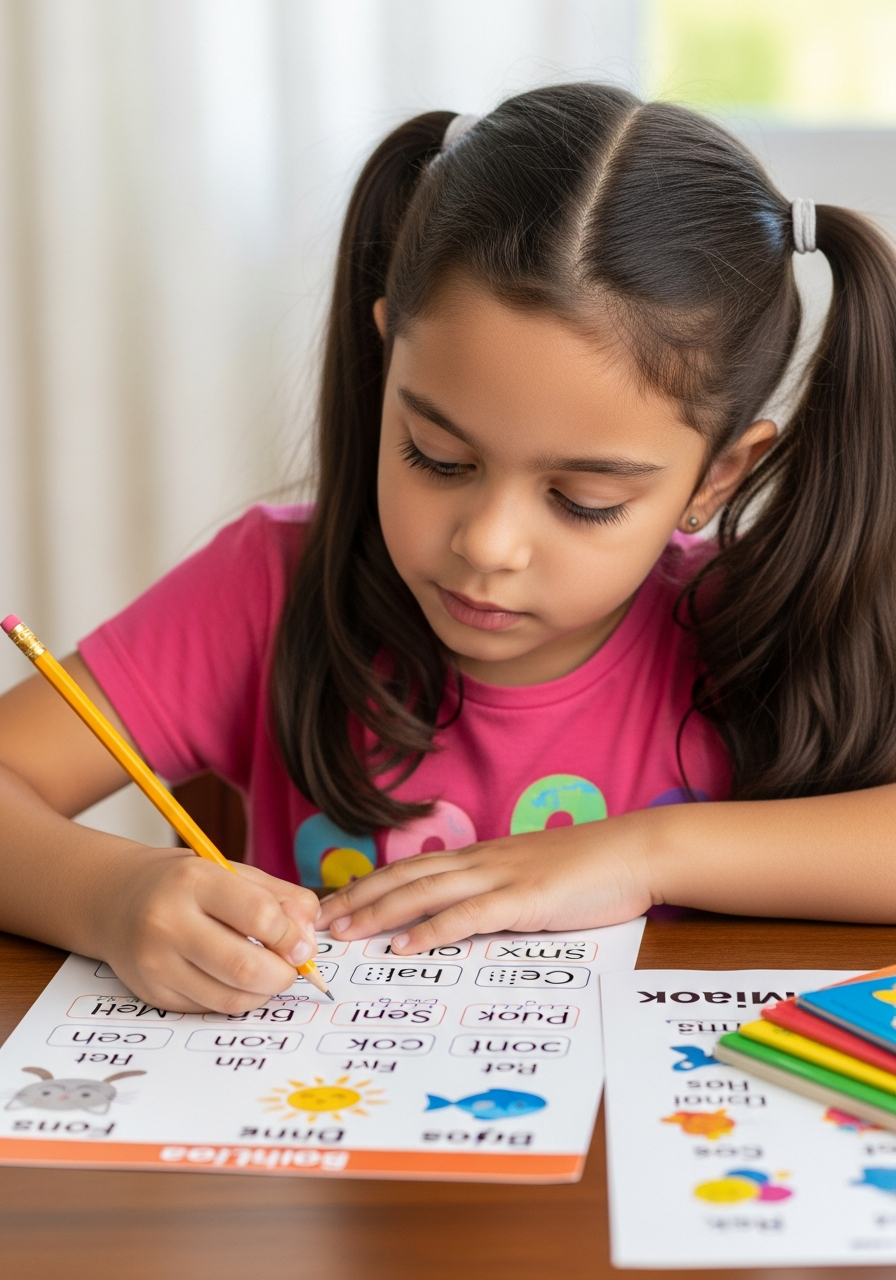 Menina praticando exercícios fonéticos