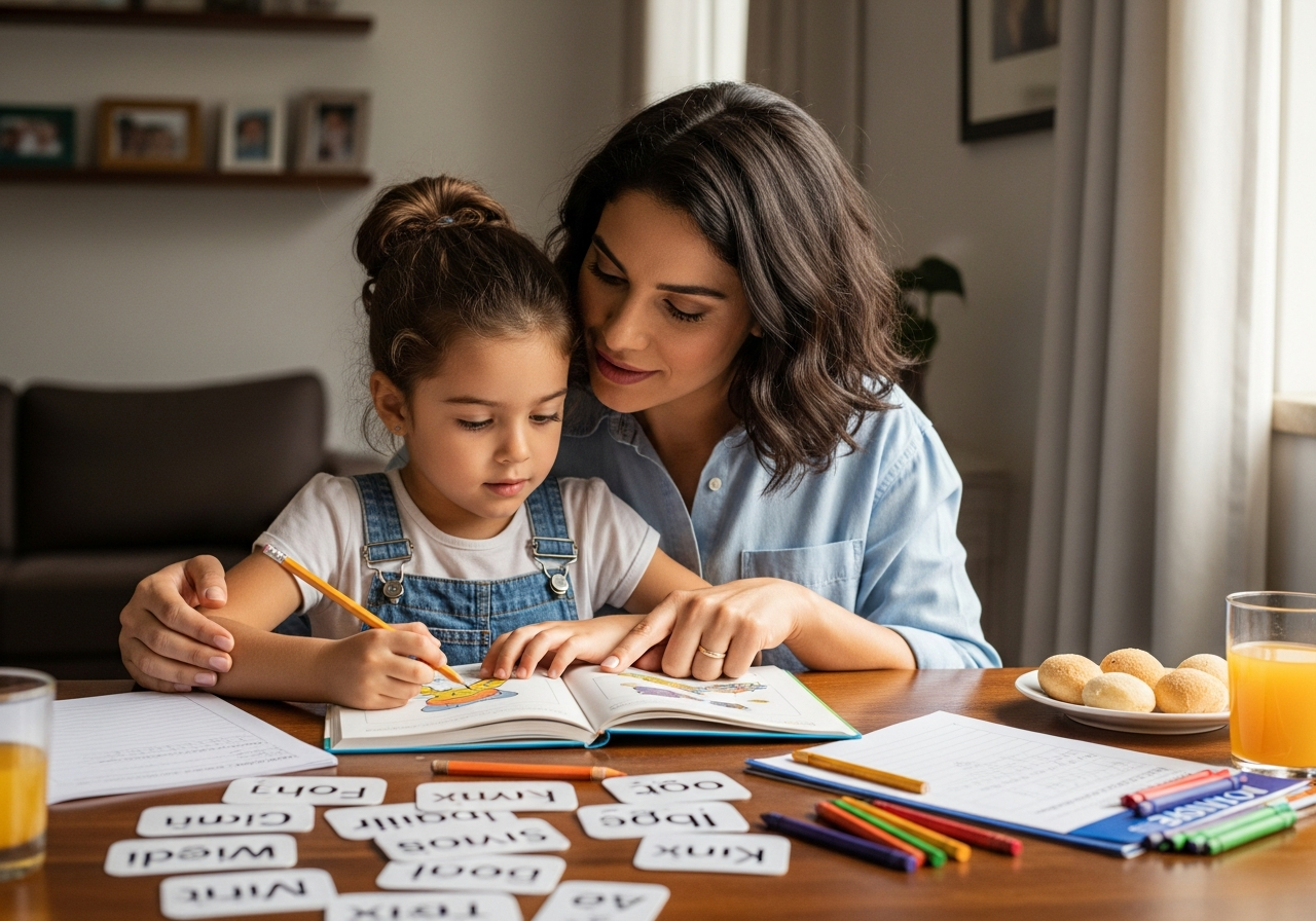 Mãe ajudando filha a ler